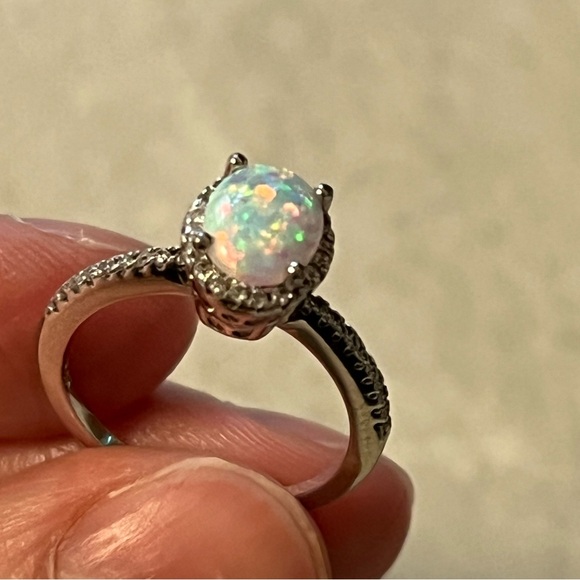 Fire Opal & Diamond 925 Silver Ring Size 5 - Picture 3 of 10